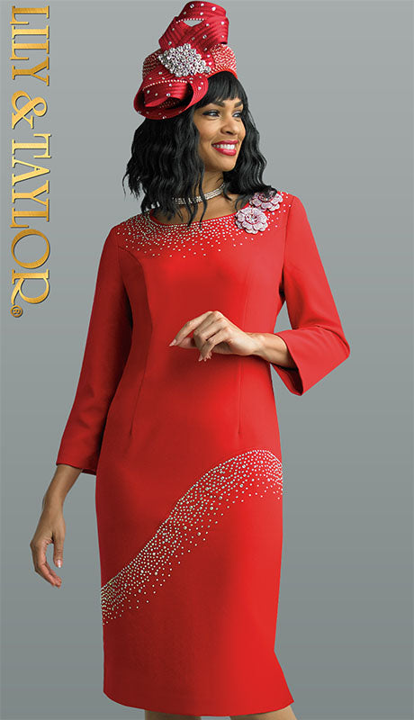 Lily and Taylor 4628 Red French crepe shift dress Kings Queens Designer Clothier