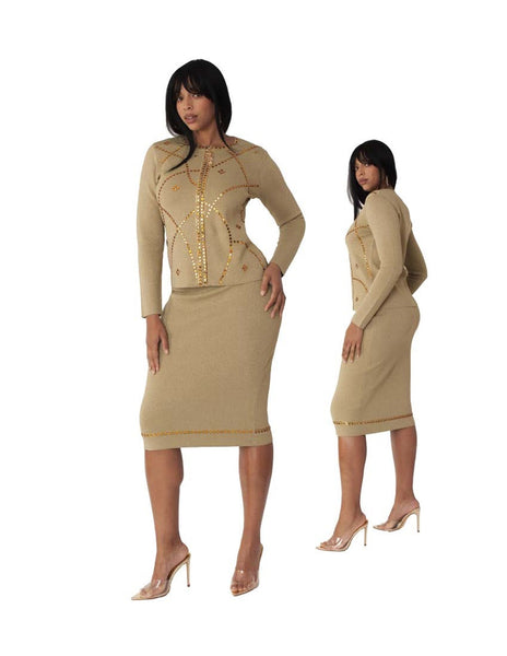 Kayla Knit 5348 Gold Trim Zip Up Skirt Set