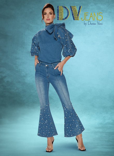 DV Jeans 8490 2pc Denim Pearl & Rhinestone Trim Pant Set