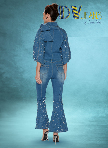 DV Jeans 8490 2pc Denim Pearl & Rhinestone Trim Pant Set