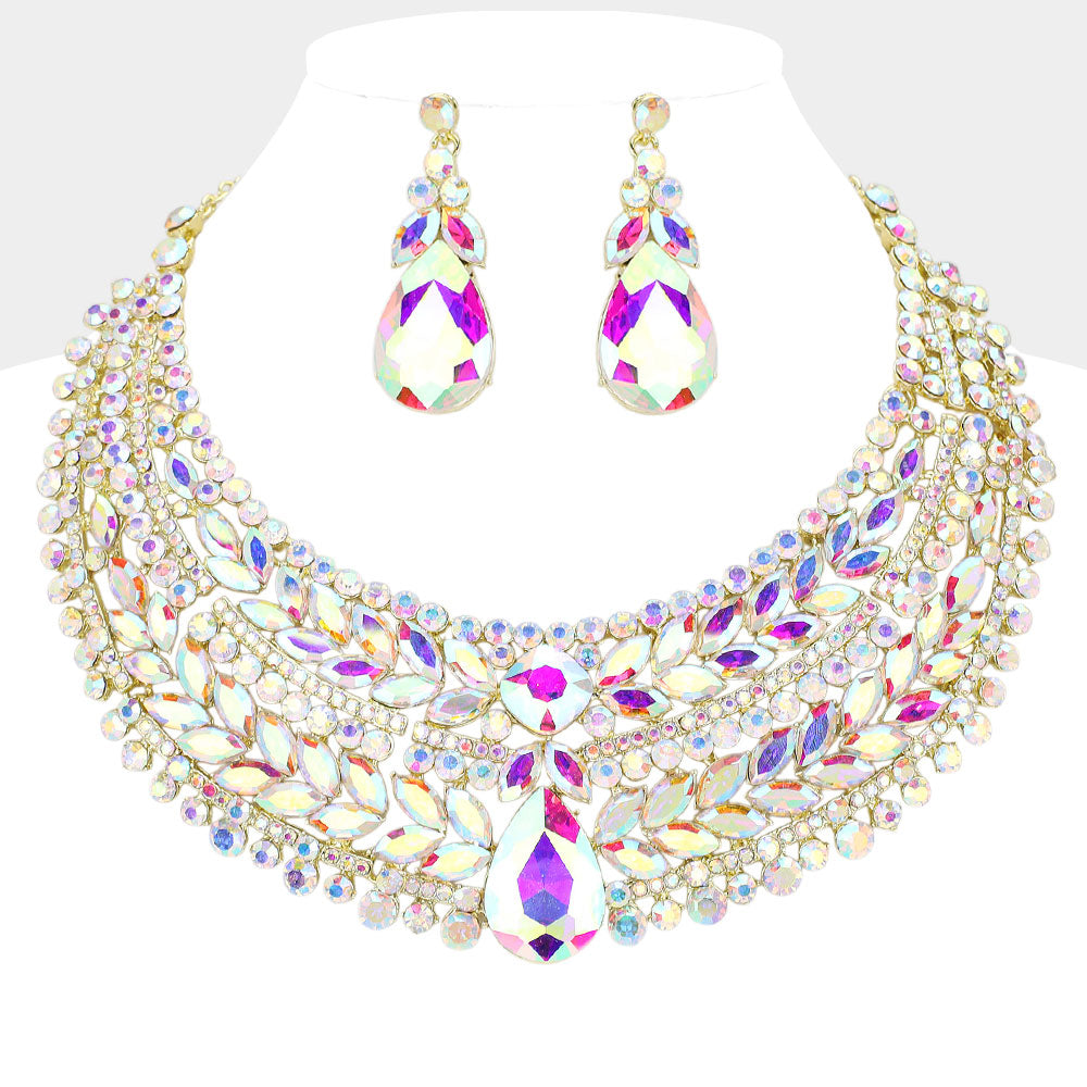 Teardrop Stone Accented Marquise Round Stone Embellished Chunky Collar Evening Necklace