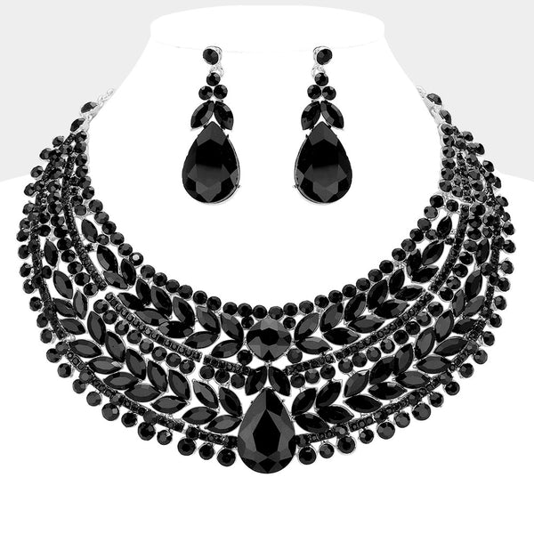 Teardrop Stone Accented Marquise Round Stone Embellished Chunky Collar Evening Necklace