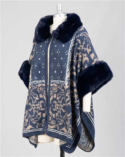 Fashion A516 Print Faux Fur Trim Cape