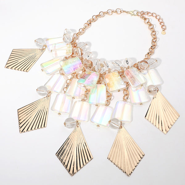 Textured Metal Acrylic Plate Ball Beaded Chandelier Statement Necklace