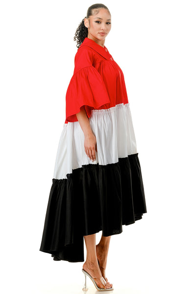 Colorblock Half Flare Sleeve Collared Pleated Tiered Flare Midi Dress