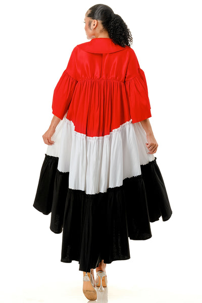 Colorblock Half Flare Sleeve Collared Pleated Tiered Flare Midi Dress