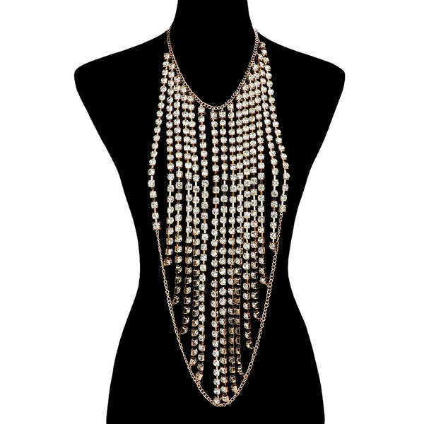 Draped Round Stone Fringe Statement Evening Necklace