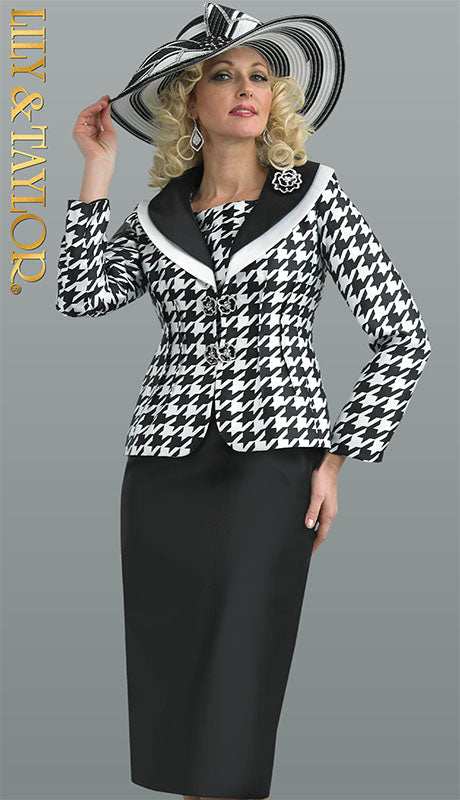 Lily & Taylor 4757- Black/Ivory 3pc Silky twill skirt suit