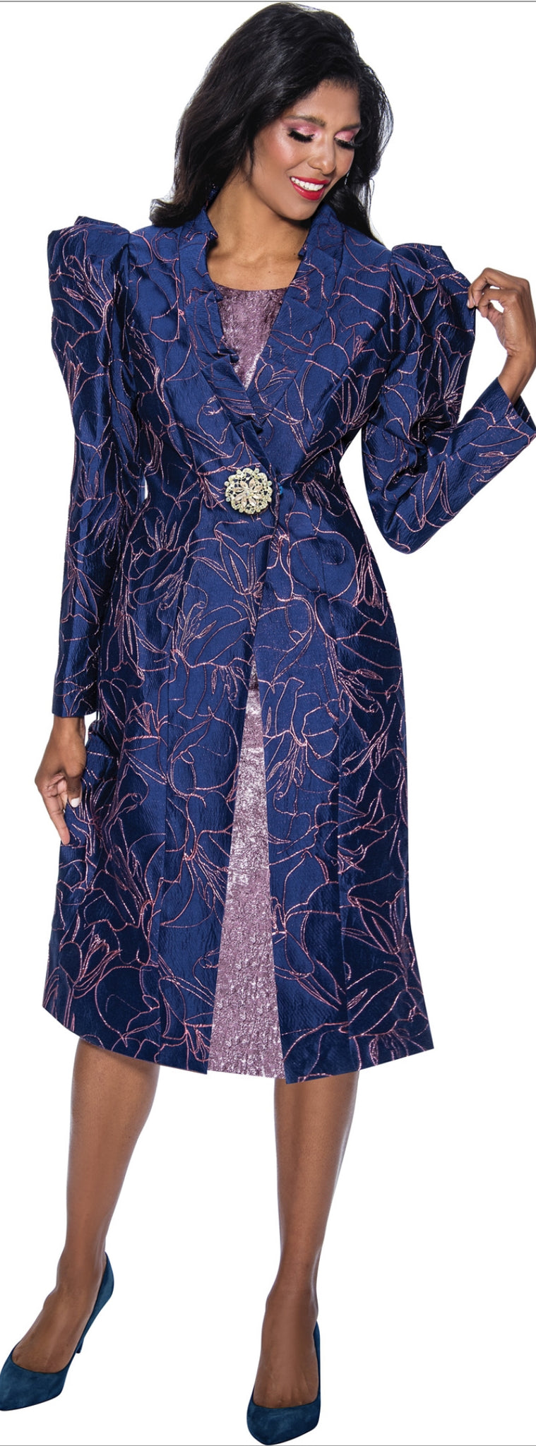 Divine Queen 2182 Embossed Puff Sleeve 2pc Jacket Dress