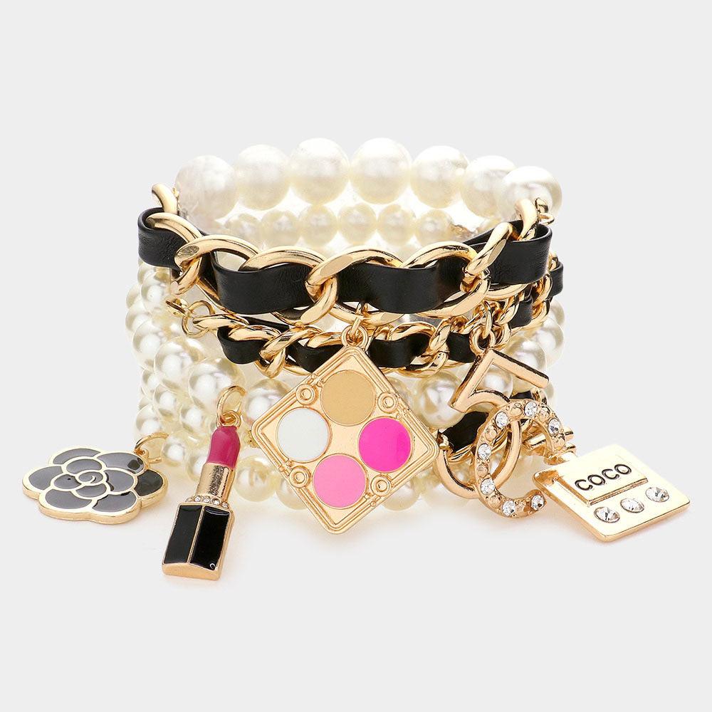 5PCS - Flower Lipstick Perfume Charm Pearl Stretch Bracelets