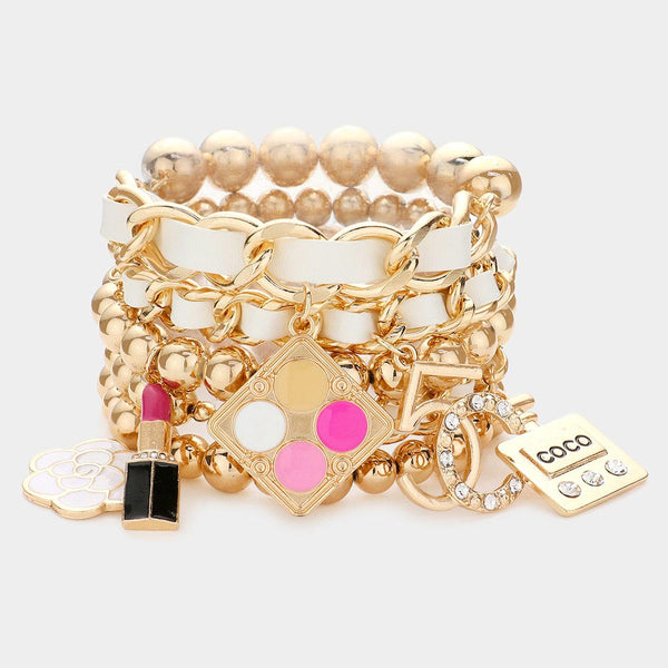 5PCS - Flower Lipstick Perfume Charm Pearl Stretch Bracelets