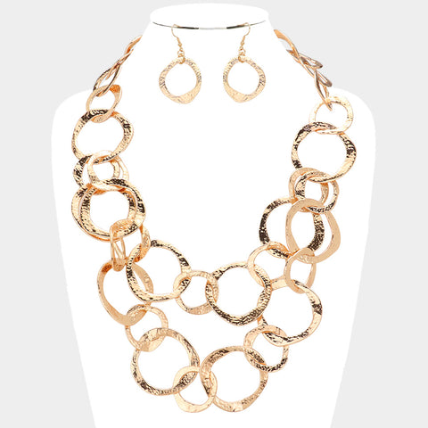 Hammered Metal Open Circle Link Statement Necklace