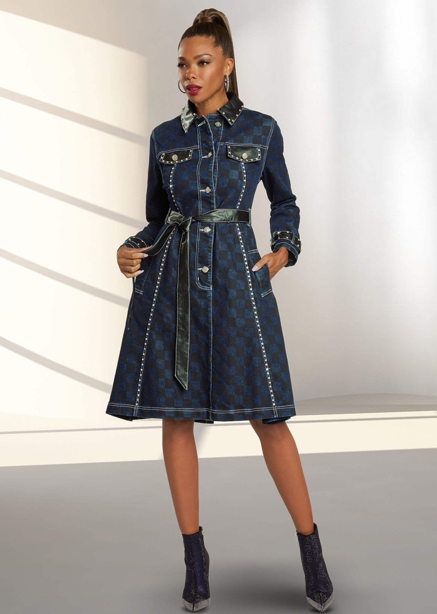 DV Jeans by Donna Vinci 8464 Rhinestone and Leatherette Trim Denim Dress