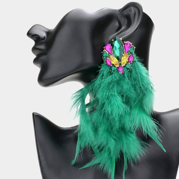 Mardi Gras Stone Embellished Feather Earrings