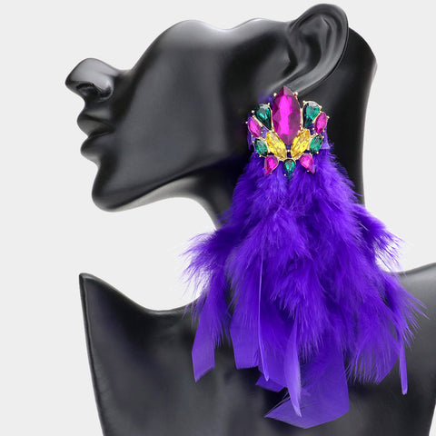 Mardi Gras Stone Embellished Feather Earrings