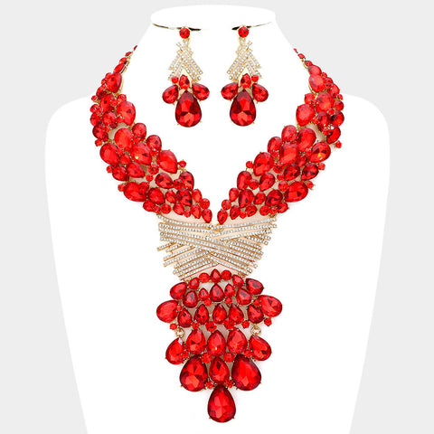 Teardrop Round Stone Embellished Statement Evening Necklace