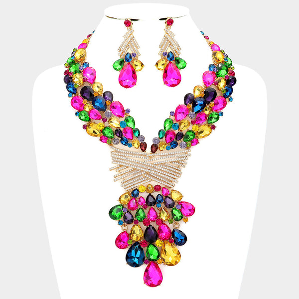 Teardrop Round Stone Embellished Statement Evening Necklace