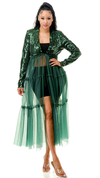 Ruffled Tiered Lace Hem Sequin Blazer