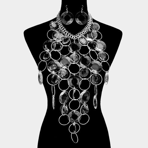 Clear Resin Faceted Circle Metal O Ring Link Statement Necklace