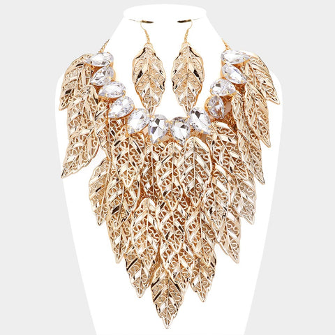 Metal Leaves Stone Embellished Statement Necklace