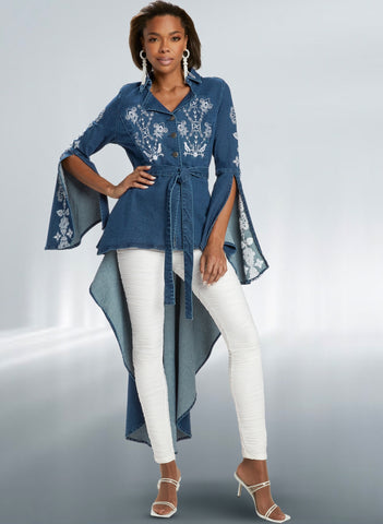 DV Jean 8473 Embroidered High-low Stretch Denim Tunic Top