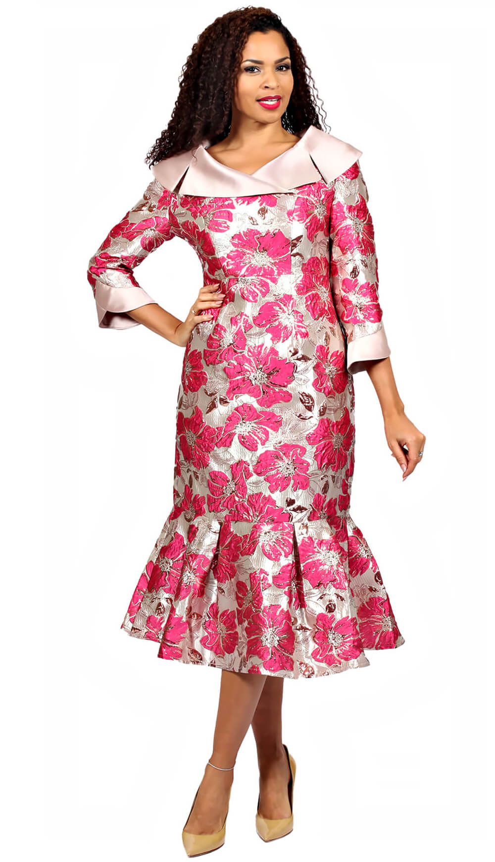 Diana 8883 - Flower brocade portrait collar dress