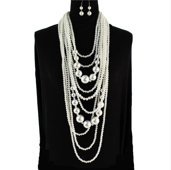 Pearl 10 Row Long Necklace Set