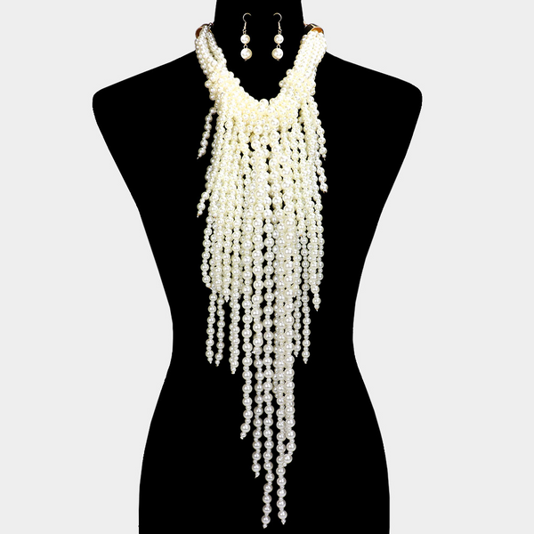 Pearl Strand Fringe Bib Necklace