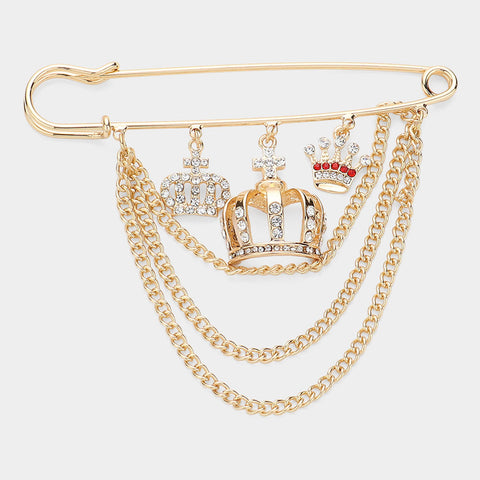 Stone Paved Crown Pendants Accented Chain Layered Pin Brooch