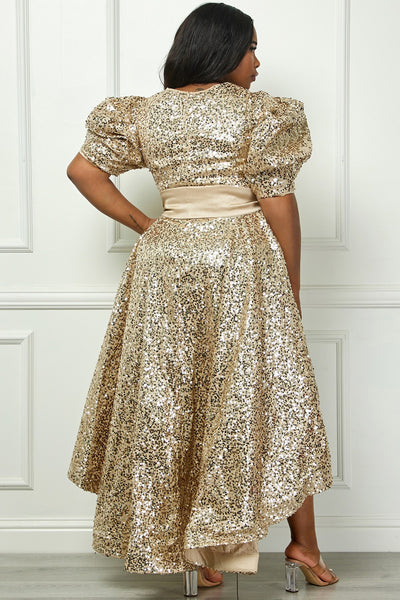 Sequin Puff Half Sleeve Waist Tie Flare Hilo Dress