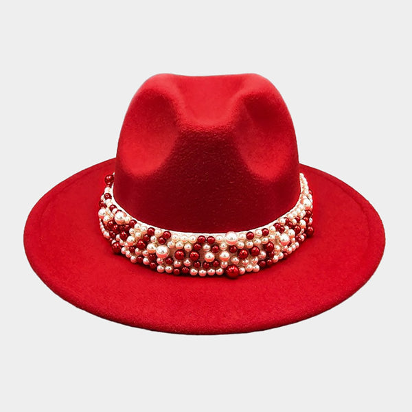 Pearl Embellished Band Pointed Fedora Hat