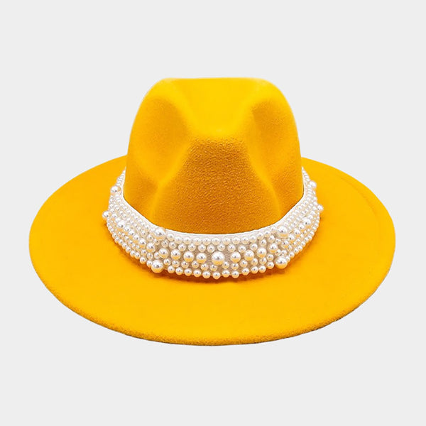 Pearl Embellished Band Pointed Fedora Hat