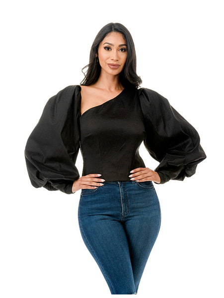 Asymmetrical Neck Puff Long Sleeve Blouse Top