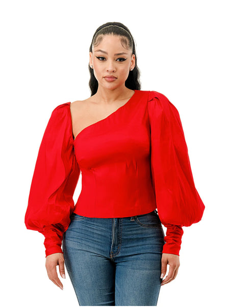 Asymmetrical Neck Puff Long Sleeve Blouse Top