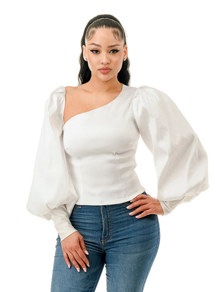 Asymmetrical Neck Puff Long Sleeve Blouse Top