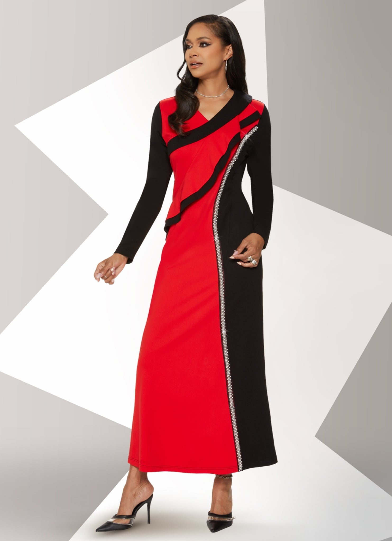 Love the Queen 17486 Rhinestone Trim Two-tone Stretch Crepe Dress