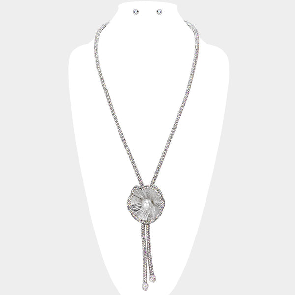 Bling Studded Pearl Centered Flower Pointed Evening Long Bolo Tie Necklace