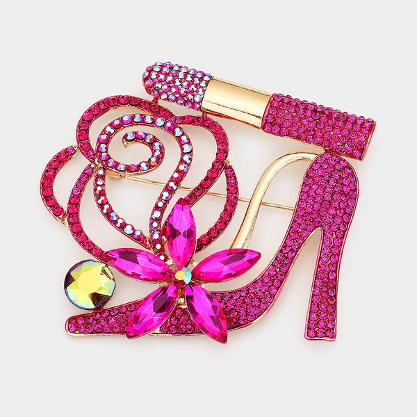 Rhinestone Pave High Heel Flower Lipstick Brooch