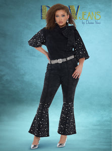 DV Jeans 8490 2pc Denim Pearl & Rhinestone Trim Pant Set