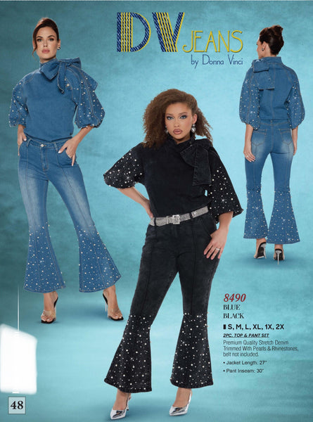 DV Jeans 8490 2pc Denim Pearl & Rhinestone Trim Pant Set