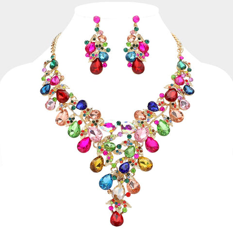 Teardrop Glass Stone Cluster Embellished Evening Bib Necklace