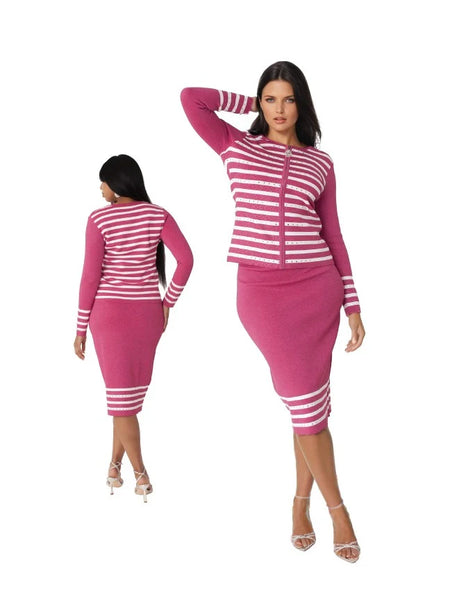 Kayla Knit 5347 Stripe Zip Up Skirt Set