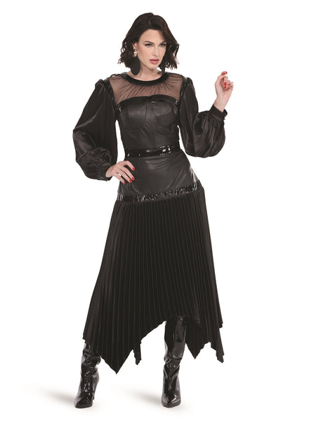 Love The Queen 17585 Faux Leather Dress with Pleated Skirt