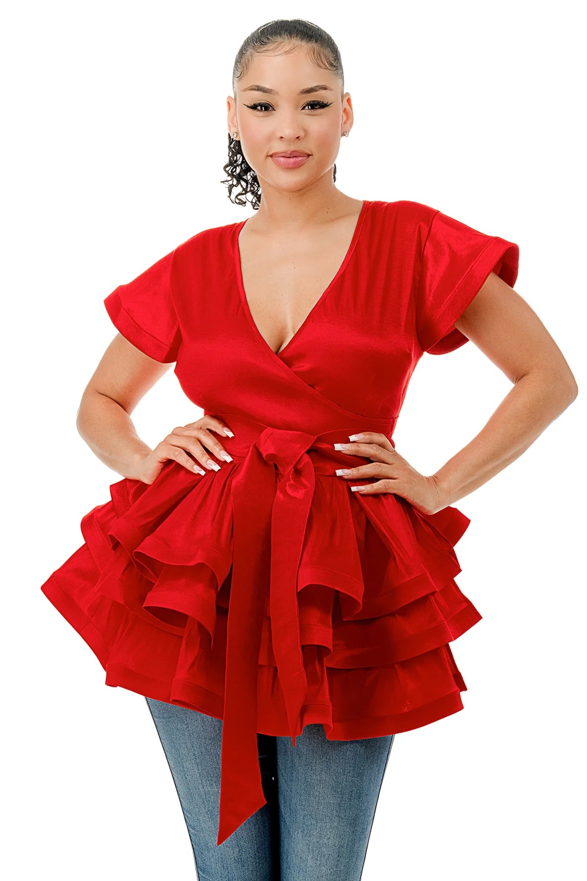 Red ruffle wrap top