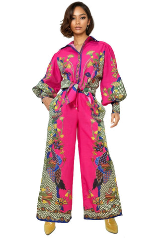 Peacock print pant suit