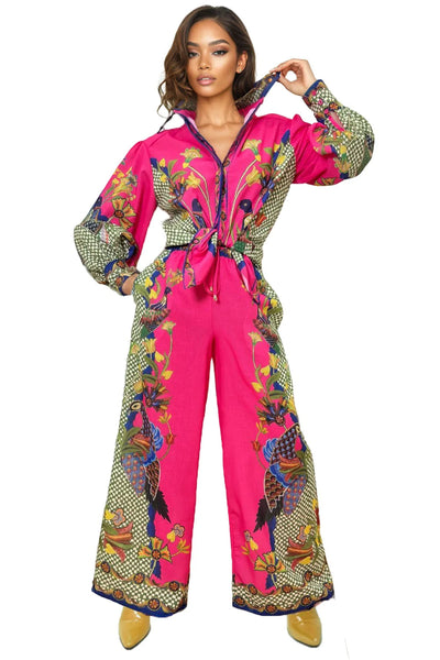 Peacock print pant suit