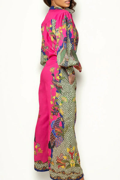 Peacock print pant suit