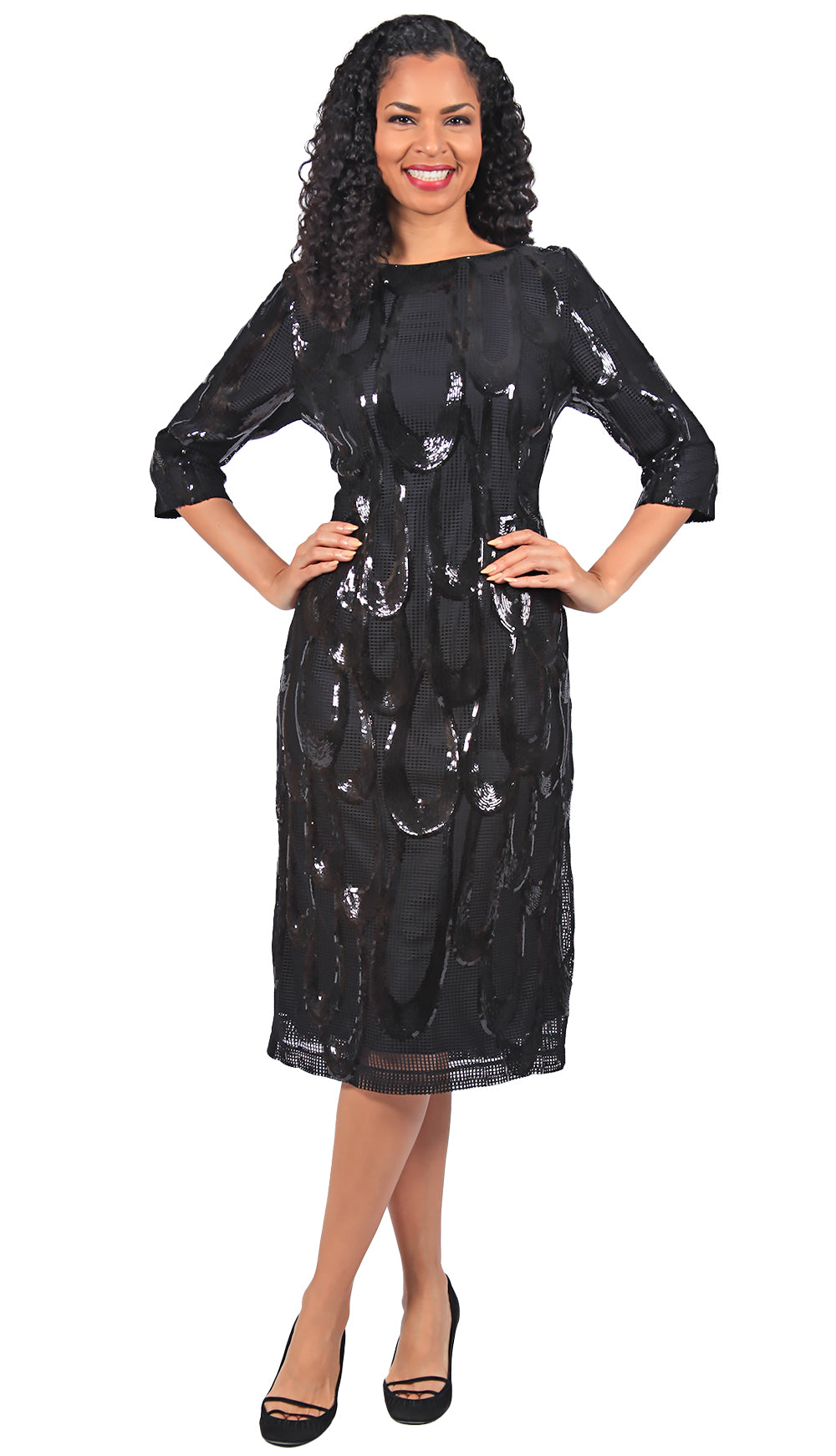 Sequin pattern shift dress with mesh 3/4 sleeves