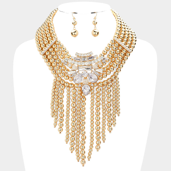 Stone Embellished Ball Fringe Necklace