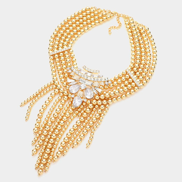 Stone Embellished Ball Fringe Necklace